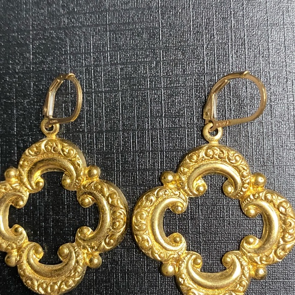 Gold Plated Turquoise Earrings Teardrop 3 inch 14/2 GF Boho Filigree - Picture 2 of 5